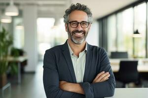 Portrait of a happy young casual businessman at office arm crossed ai generative photo