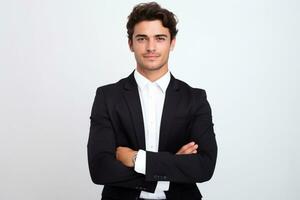 A business man stands against white background with his arms crossed ai generative photo