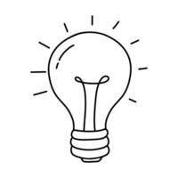 ligero bulbo contorno icono. garabatear vector ilustración. Encendiendo eléctrico lámpara. electricidad, brillar.