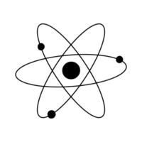 Atom black icon. Vector symbol of science, education, nuclear physics, scientific research. Three electrons rotate in orbits around atomic nucleus.