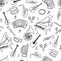 Seamless pattern with music notes and musical instruments. Vector outline monochrome endless pattern on white background