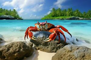 Intriguing Crab on tropical beach. Generate Ai photo