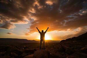 man lift her hands to the sky and feel freedom. ai generative photo