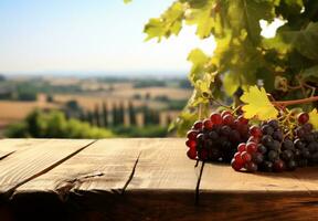 3d rendered Wooden table with fresh red grapes and empty space ai generative photo