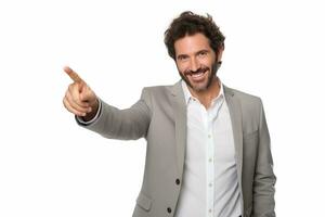 Enthusiastic businessman pointing finger and smiling on isolated white background ai generative photo