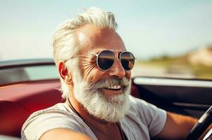 Senior man bearded drive cabriolet on vacation. Generate Ai photo