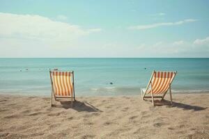 Sun-protective Beach chairs umbrella. Generate Ai photo