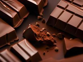 chocolate candies and pieces of chocolate on a dark background. close up photo