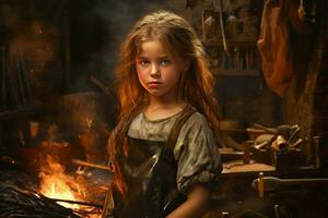 Determined Blacksmith girl forge. Generate Ai photo