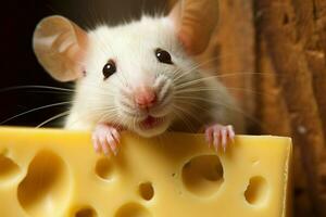 Curious Cute rat with cheese. Generate Ai photo