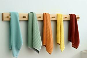 Plush Kitchen colorful towels hanging on rack. Generate AI photo