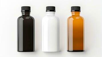 Black, White and Amber bottles glass mockup template isolated on white background AI Generated photo