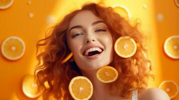 Beautiful Joyful teen model girl takes Juicy oranges slices with funny red hairstyle and professional make up AI Generated photo