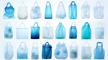 reciclaje el plastico bolso colección en limpiar blanco antecedentes ai generado foto