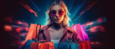 Woman in neon light cyberpunk dark background with shopping bags in black friday, cyber monday sales concept AI Generated photo