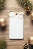 Modern Gift Tag for Christmas Holiday Mockup on brown background AI Generated photo