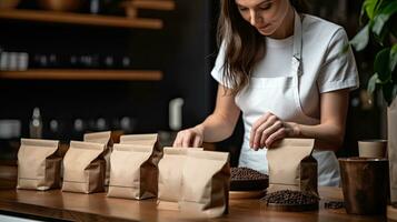 mujer manos sello café frijol bolso paquetes Listo para ventas ai generado foto