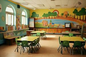 niño amigable salón de clases preescolar. generar ai foto