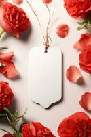 Modern blank valentine gift tag mockup with red rose leaves petals AI Generated photo