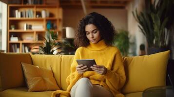 mujer vistiendo amarillo suéter sentado en amarillo sofá mientras compras comercio electrónico ai generado foto