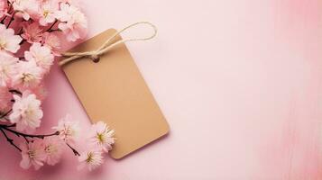 Rectangle blank brown paper card kraft label tag mockup with pink flower background AI Generated photo