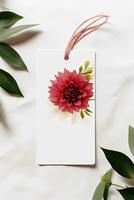 moderno regalo etiqueta burlarse de arriba con rojo flor Perfecto para Boda ai generado foto