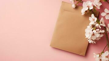 Rectangle blank brown paper envelope kraft mockup with pink flower background AI Generated photo