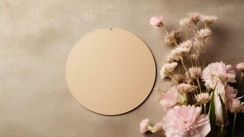 Round blank brown paper circle tag kraft mockup with pink flower background AI Generated photo