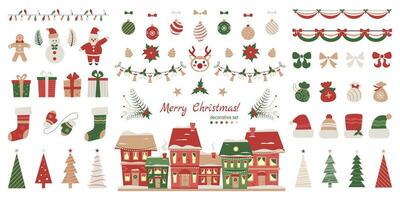 Big Christmas holiday sticker collection, set of design elements for cozy winter holidays, poster and banner designs, prints with Christmas symbols. Vector illustration.