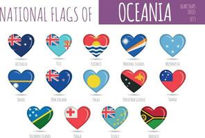 Set of 14 heart shaped flags of the countries of Oceania. Icon set Vector Illustration.