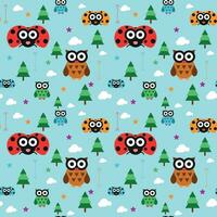 Seamless owl and ladybird animal kids background vector pattern illustration in pastel. Useful for textures, backgrounds and more.