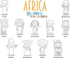 Kids and nationalities of Africa. Vector Set of 11 characters for coloring dressed in different national costumes.