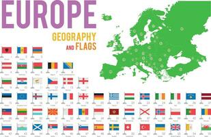 Set of 56 flags of Europe isolated on white background and map of Europe with countries situated on it. vector