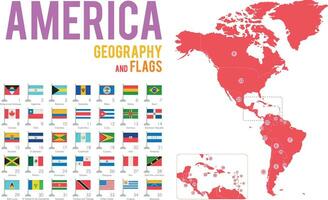 Set of 35 flags of America isolated on white background and map of America with countries situated on it. vector