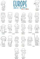 Kids and nationalities of Europe Vector Set 1 of 2. Set of 22 characters for coloring dressed in different national costumes.