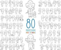 Kids Vector Characters Collection. Set of 80 different professions for coloring in cartoon style.