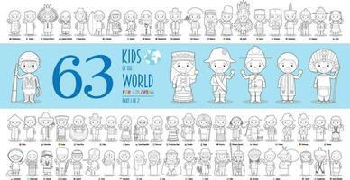 Kids of the World Vector Characters Collection Part 1. Set of 63 children of different nationalities for coloring in cartoon style.