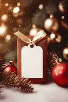 Christmas gift box  with blank tag mockup and blur bokeh light AI Generated photo