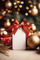 Navidad regalo caja con blanco etiqueta Bosquejo y difuminar bokeh ligero ai generado foto