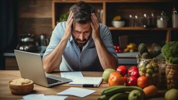 Man upset headache depressed from cost of living got higher from inflation of grocery price by supermarket AI Generated photo