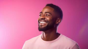 Portrait of a smiling young african american man on pink neon light background with copyspace AI Generated photo