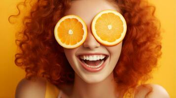 Beautiful Joyful teen model girl takes Juicy oranges slices with funny red hairstyle and professional make up AI Generated photo