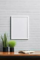 Empty vertical picture frame mockup hanging on a brick wall with wooden desk table and flower vase AI Generated photo