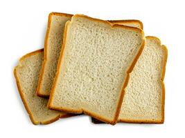 Sandwich Bread Square Slices Isolated. Supermarket Bread for Toasts, Soft White Sliced Bread, Sweet Sandwich Loaf Pieces on White Background Top View photo