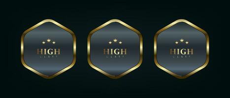 Three polygon button used in UI, UX vector illustration with frame 3d golden glossy elegant design for empty emblem, medal or badge, shiny and gradient dark background