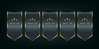 cinco botones de lujo negro y oro cintas vector ilustración en oscuro aislado antecedentes usado para bandera, etiqueta, pegatina concepto