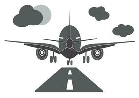 Landing or taking off plane, passenger airplane. Airport runway travel or vacation vector illustration. Aircraft departure flight, journey or trip concept.