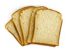 Sandwich Bread Square Slices Isolated. Supermarket Bread for Toasts, Soft White Sliced Bread, Sweet Sandwich Loaf Pieces on White Background Top View photo