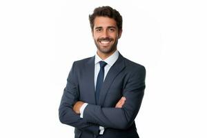 A business man stands against white background with his arms crossed ai generative photo