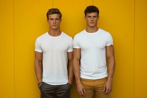 two young man standing on a Yellow background ai generative photo